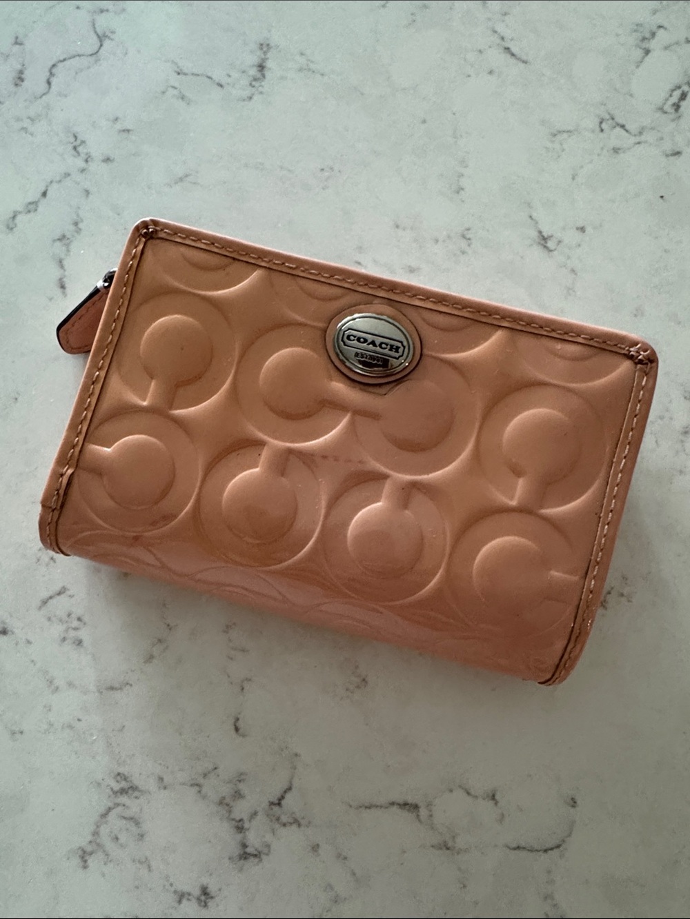 Coach Signature Embossed Patent Leather Wallet in Peach